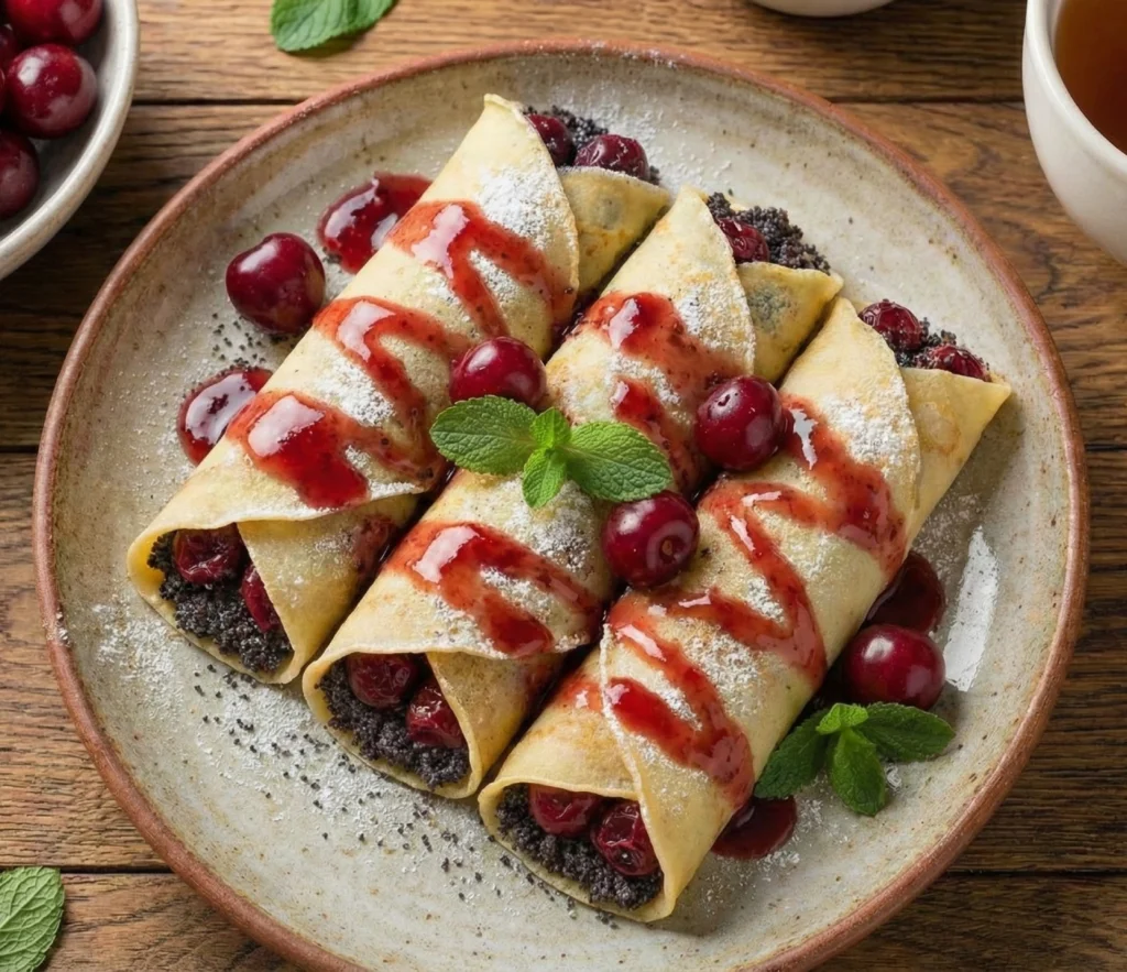 naleśniki rurkowe z makiem i wiśnią